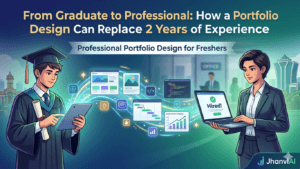 A professional portfolio design for freshers visualizing the journey from graduate to professional with case studies and skills.