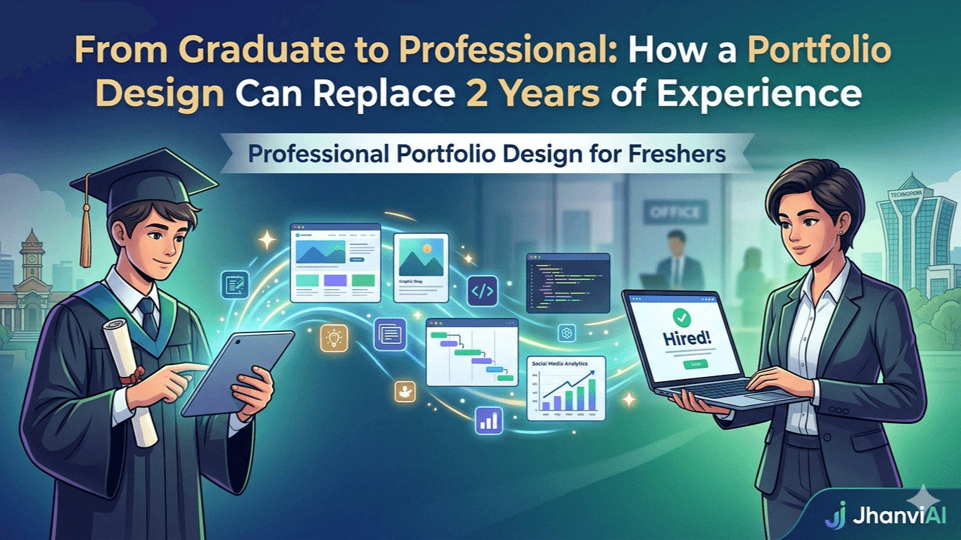 A professional portfolio design for freshers visualizing the journey from graduate to professional with case studies and skills.