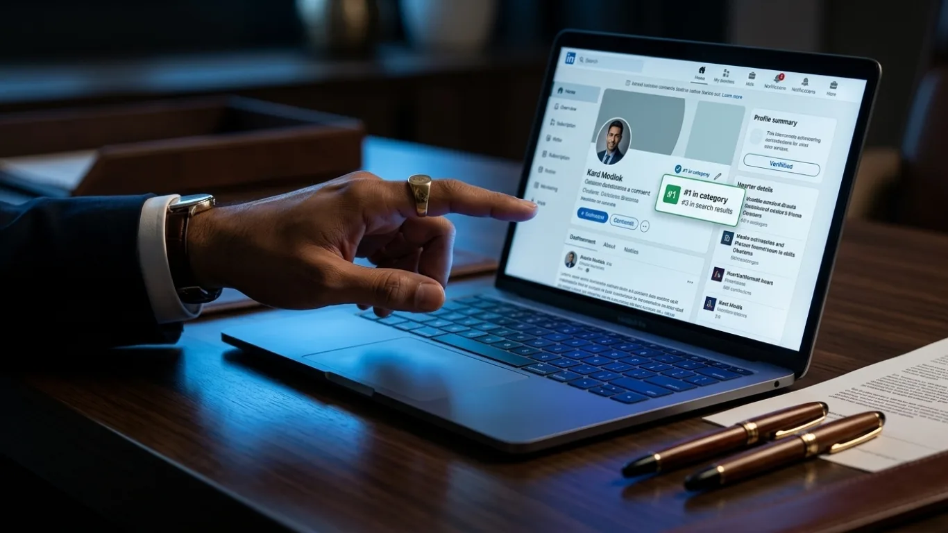 A professional hand using a magnifying glass to inspect an AI-friendly resume writing document on a dark desk with executive wooden pens.