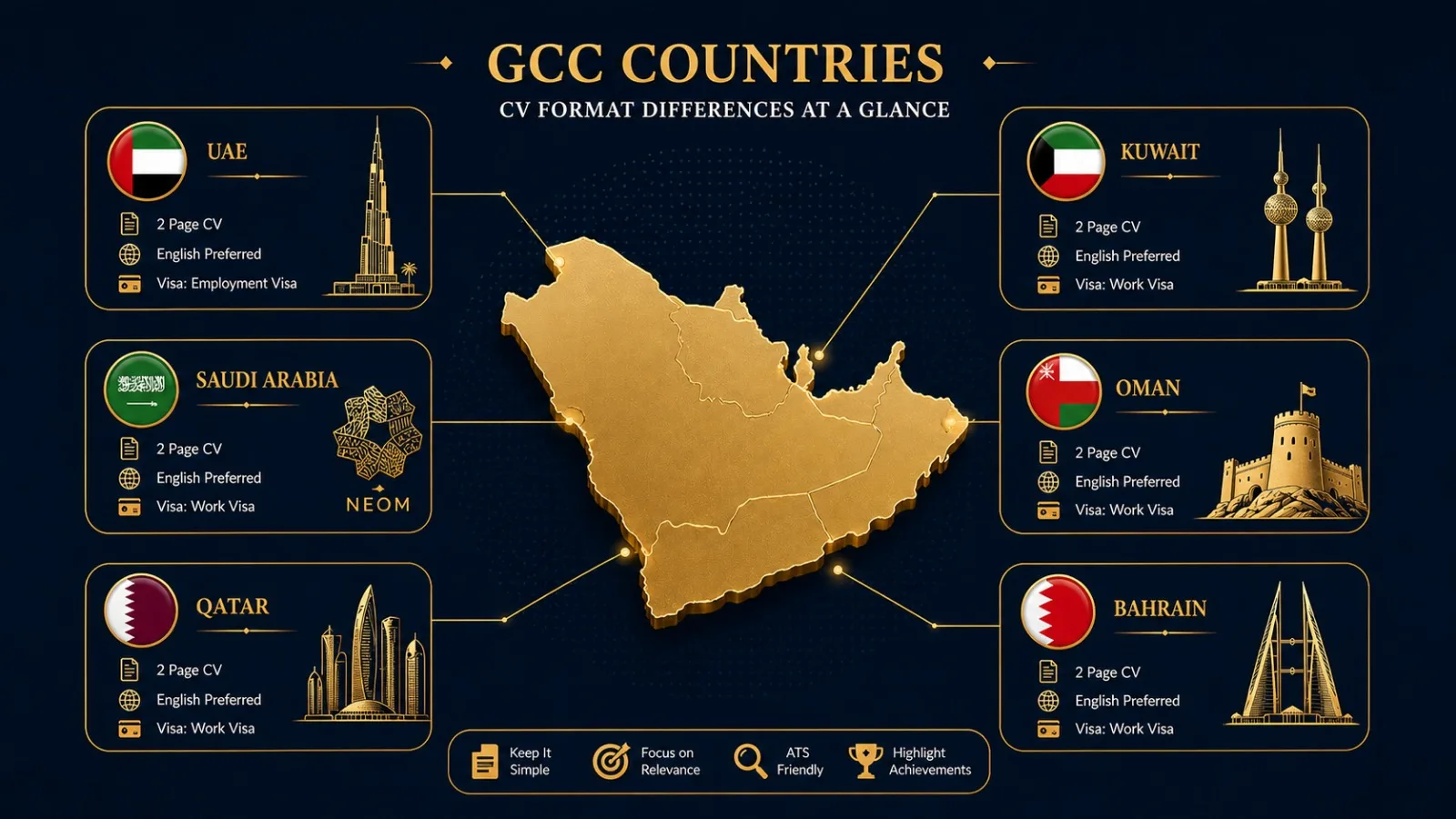 GCC countries CV format differences β UAE, Saudi Arabia, Qatar, Kuwait, Oman, Bahrain visa status and resume requirements