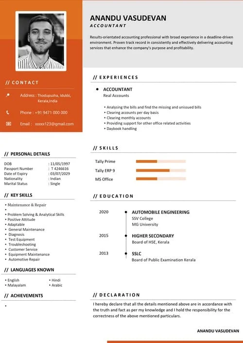 Standard CV sample RE 37 — professional CV format for Kerala job seekers