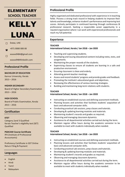 Standard resume sample RE 125 — professional design for experienced professionals