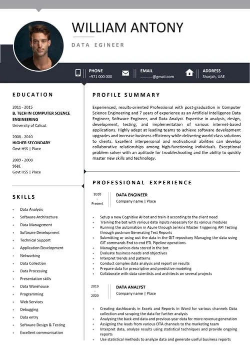 Standard resume sample RE 212 — structured resume for Kochi professionals
