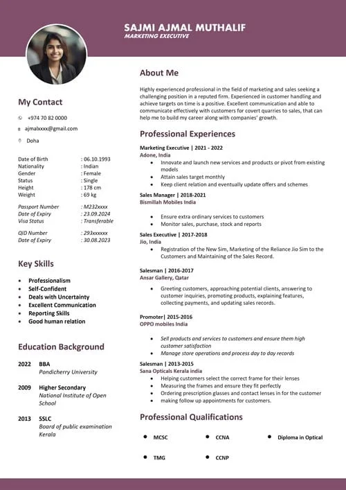 Standard resume sample RE 22 — ATS resume format for Alappuzha professionals