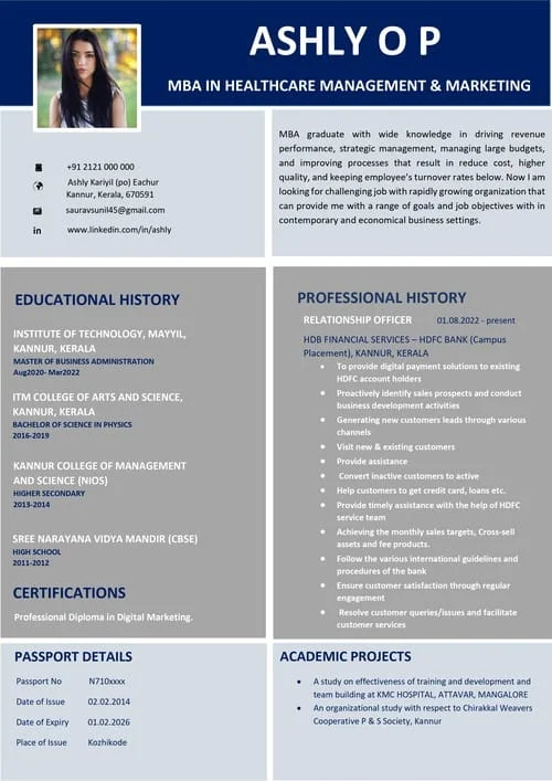 Standard resume sample RE 63 — professional resume for Calicut job seekers