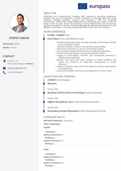 European Europass resume template EP 02 — EU CV format for European jobs by Jhanvi Technologies