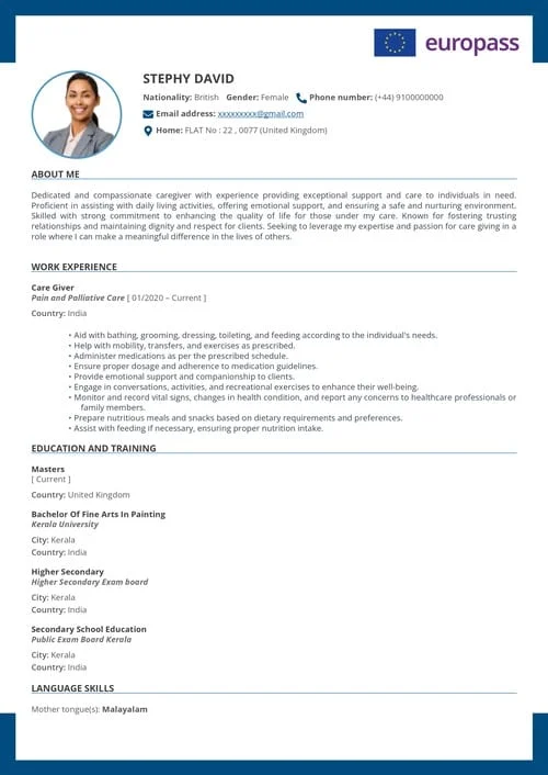 European Europass resume template EP 03 — Trivandrum Europass CV format by Jhanvi Technologies