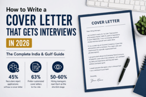 Professional cover letter guide for India and Gulf jobs in 2026, featuring a cover letter document with key recruitment statistics and interview-focused job application tips.