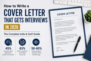 Professional cover letter guide for India and Gulf jobs in 2026, featuring a cover letter document with key recruitment statistics and interview-focused job application tips.