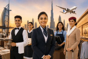 Kerala hospitality, retail, and aviation professionals exploring Gulf career opportunities with Dubai skyline, luxury hotel, retail, and airline industry elements.