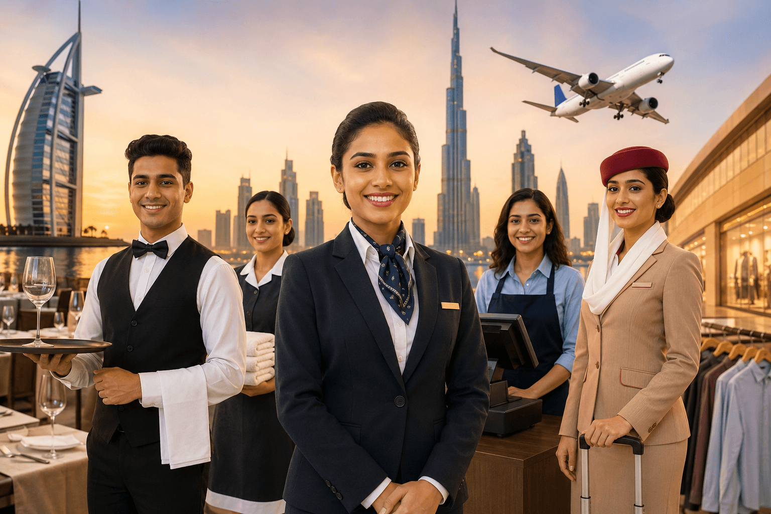 Kerala hospitality, retail, and aviation professionals exploring Gulf career opportunities with Dubai skyline, luxury hotel, retail, and airline industry elements.